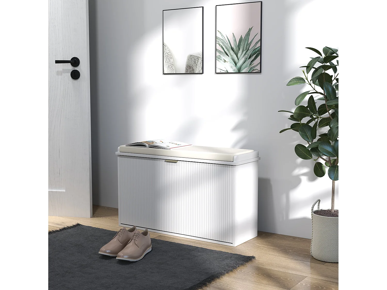 Lidito White Shoe Bench with Beige Cushioned Top Fits up to 8 Pairs