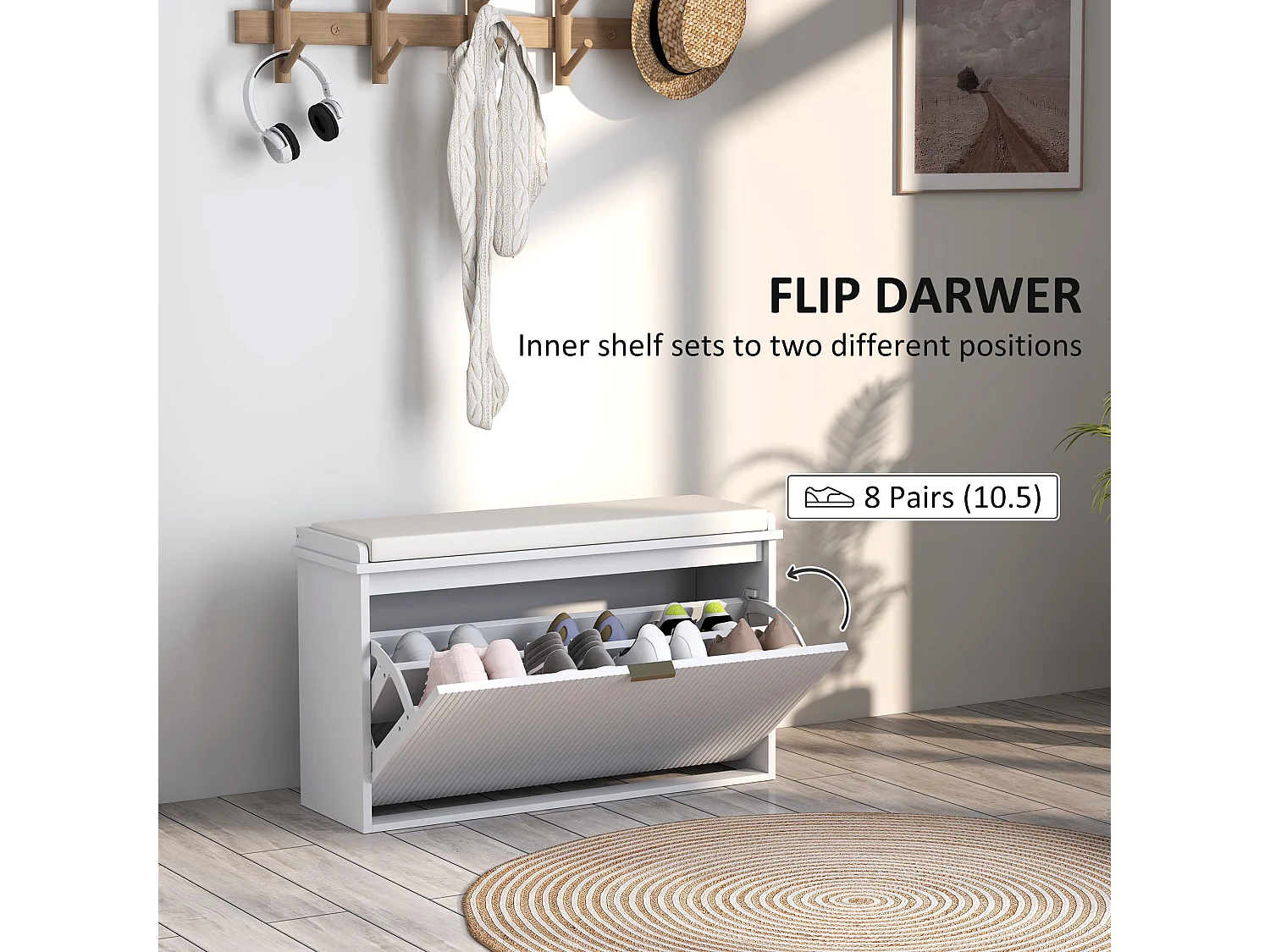 Lidito White Shoe Bench with Beige Cushioned Top Fits up to 8 Pairs