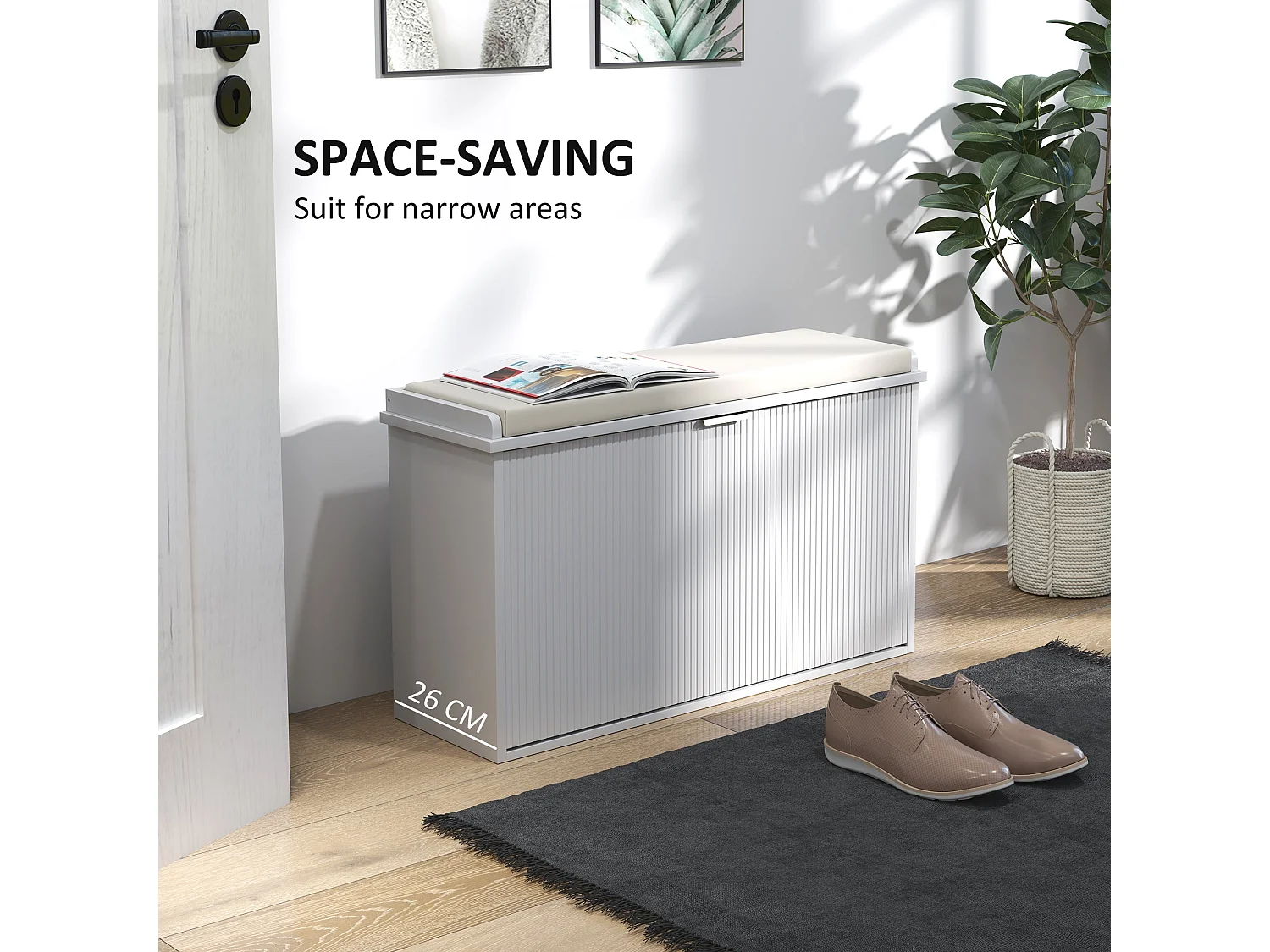 Lidito White Shoe Bench with Beige Cushioned Top Fits up to 8 Pairs