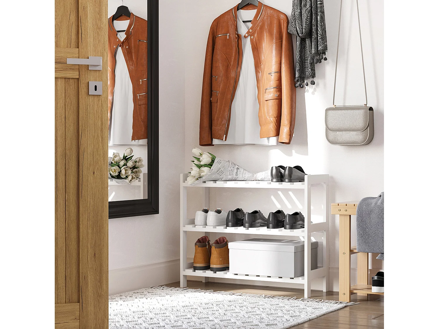 Vafino White 3 Tier Slatted Shoe Rack MDF and Pine 70W x 26D x 57.5Hcm