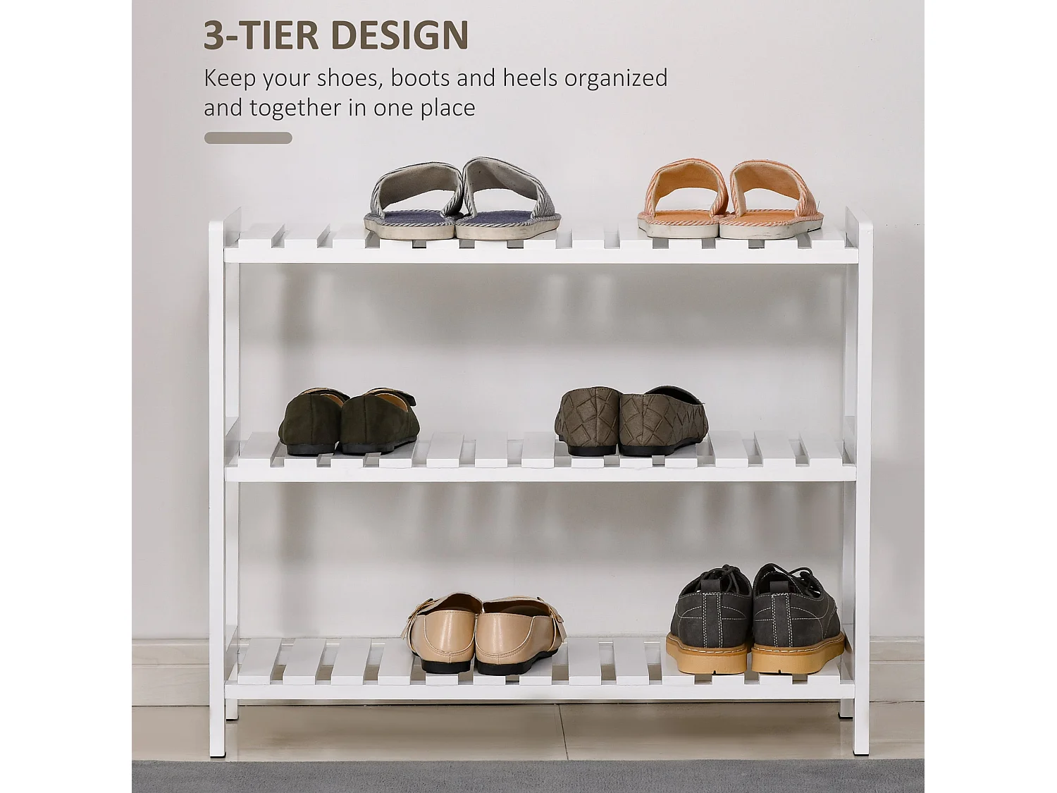 Vafino White 3 Tier Slatted Shoe Rack MDF and Pine 70W x 26D x 57.5Hcm