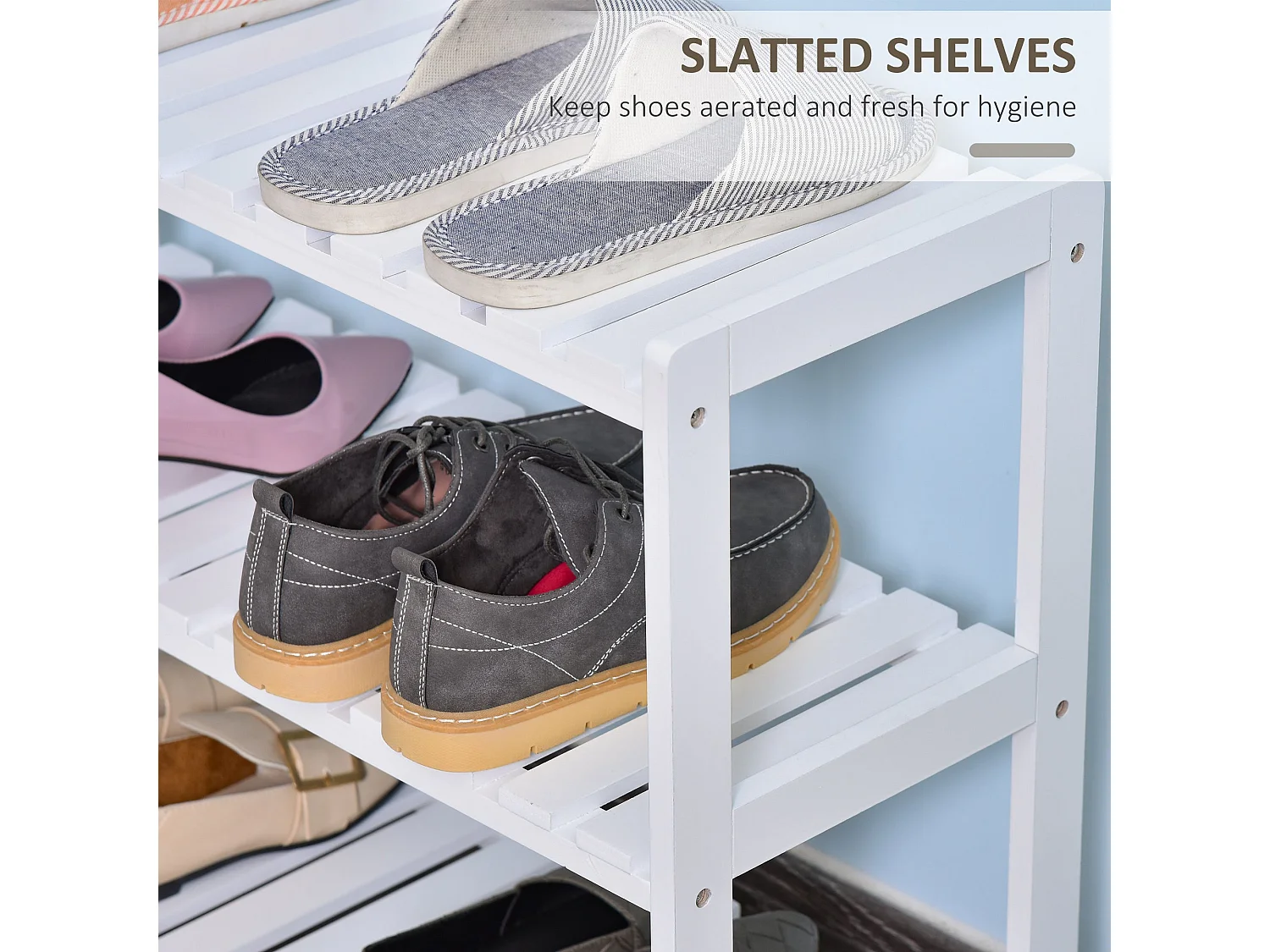 Vafino White 3 Tier Slatted Shoe Rack MDF and Pine 70W x 26D x 57.5Hcm