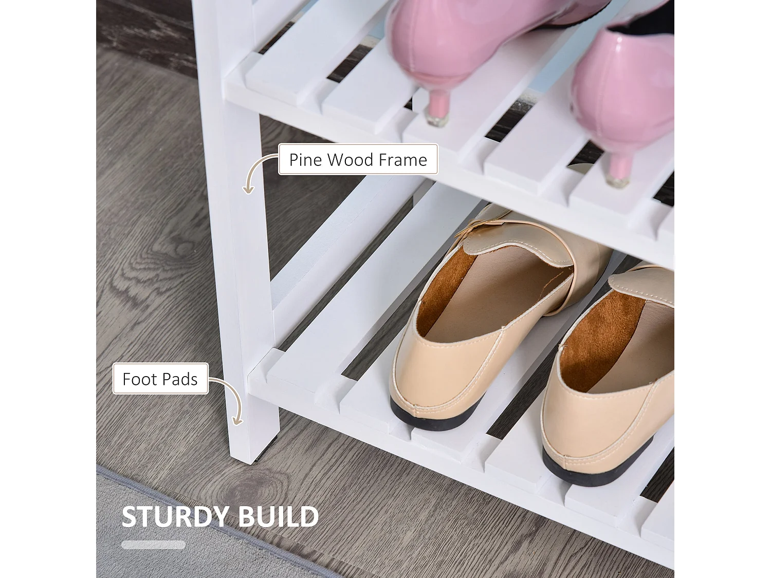Vafino White 3 Tier Slatted Shoe Rack MDF and Pine 70W x 26D x 57.5Hcm