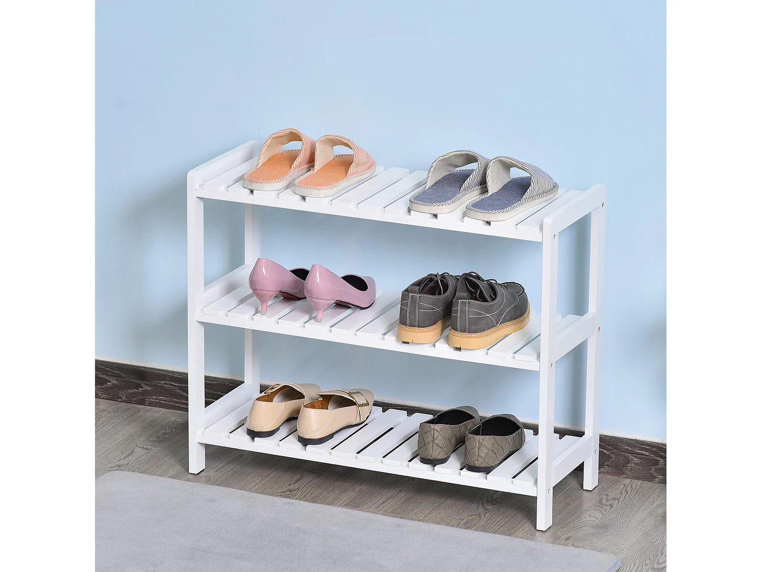 Vafino White 3 Tier Slatted Shoe Rack MDF and Pine 70W x 26D x 57.5Hcm