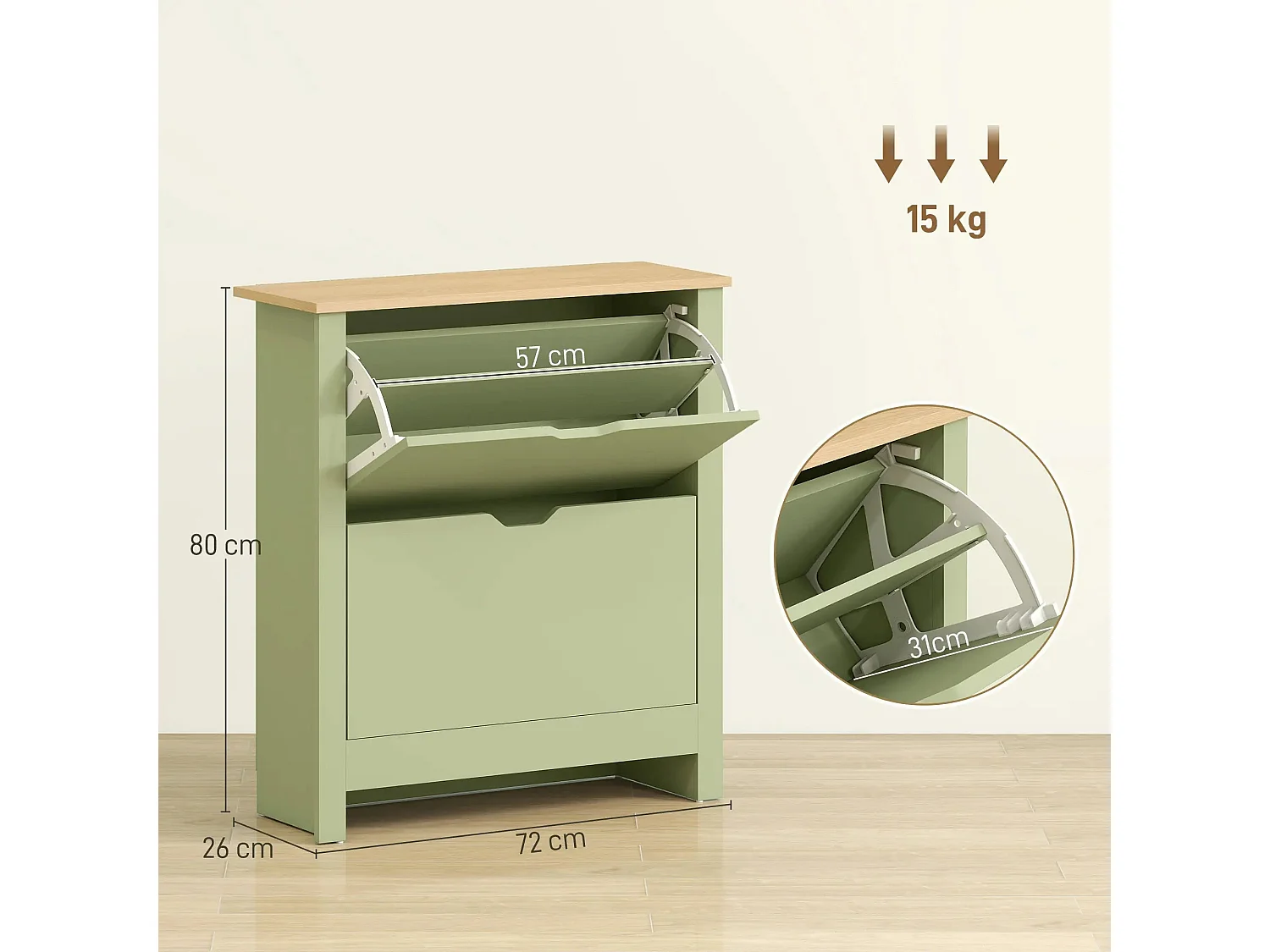 Green Slim Shoe Cabinet with 2 Flip Drawers for Up to 12 Pairs