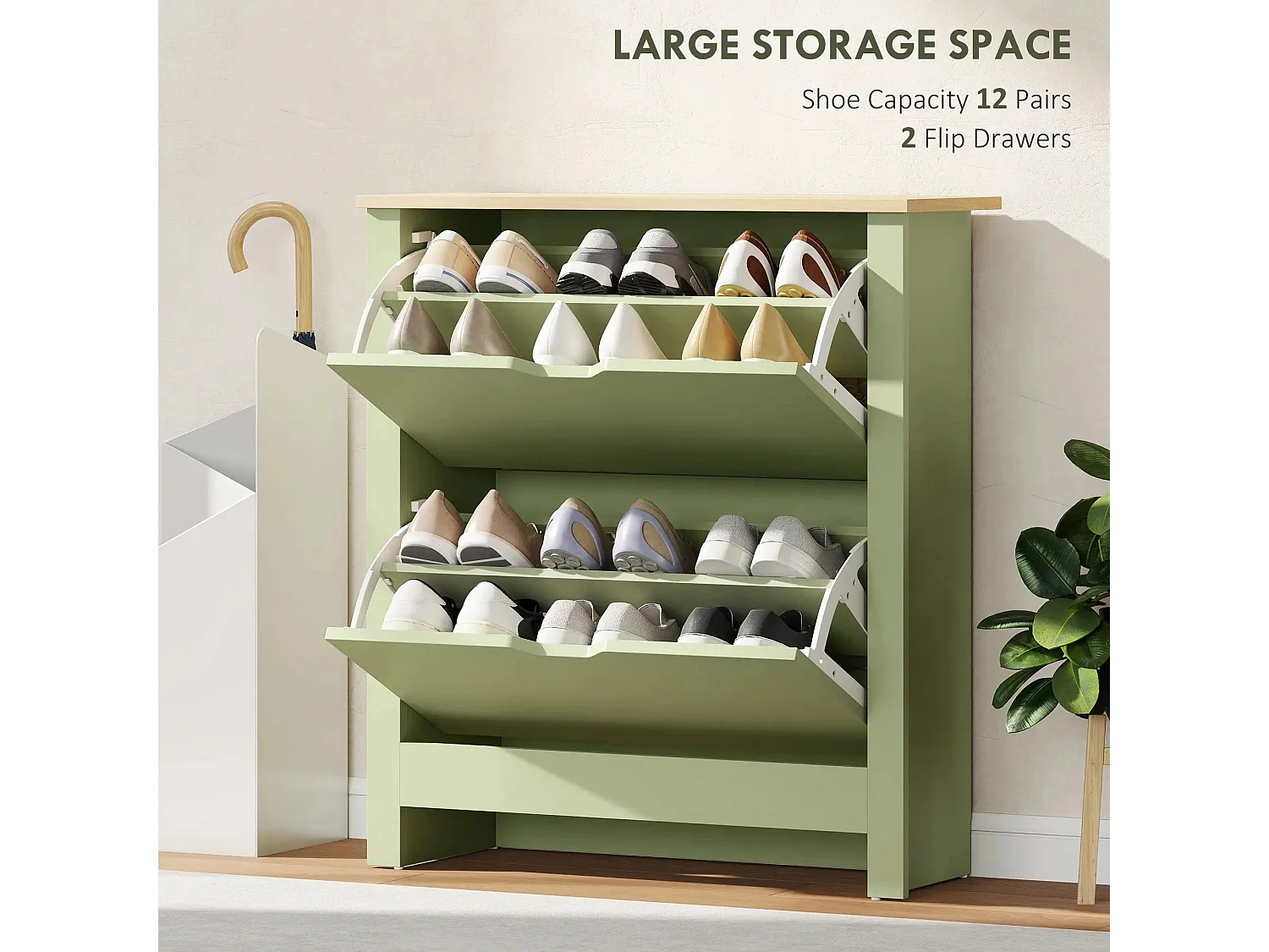 Green Slim Shoe Cabinet with 2 Flip Drawers for Up to 12 Pairs