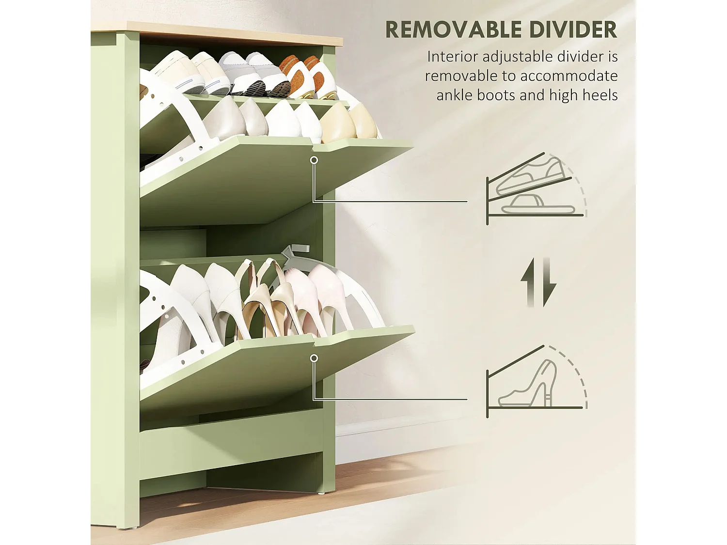 Green Slim Shoe Cabinet with 2 Flip Drawers for Up to 12 Pairs