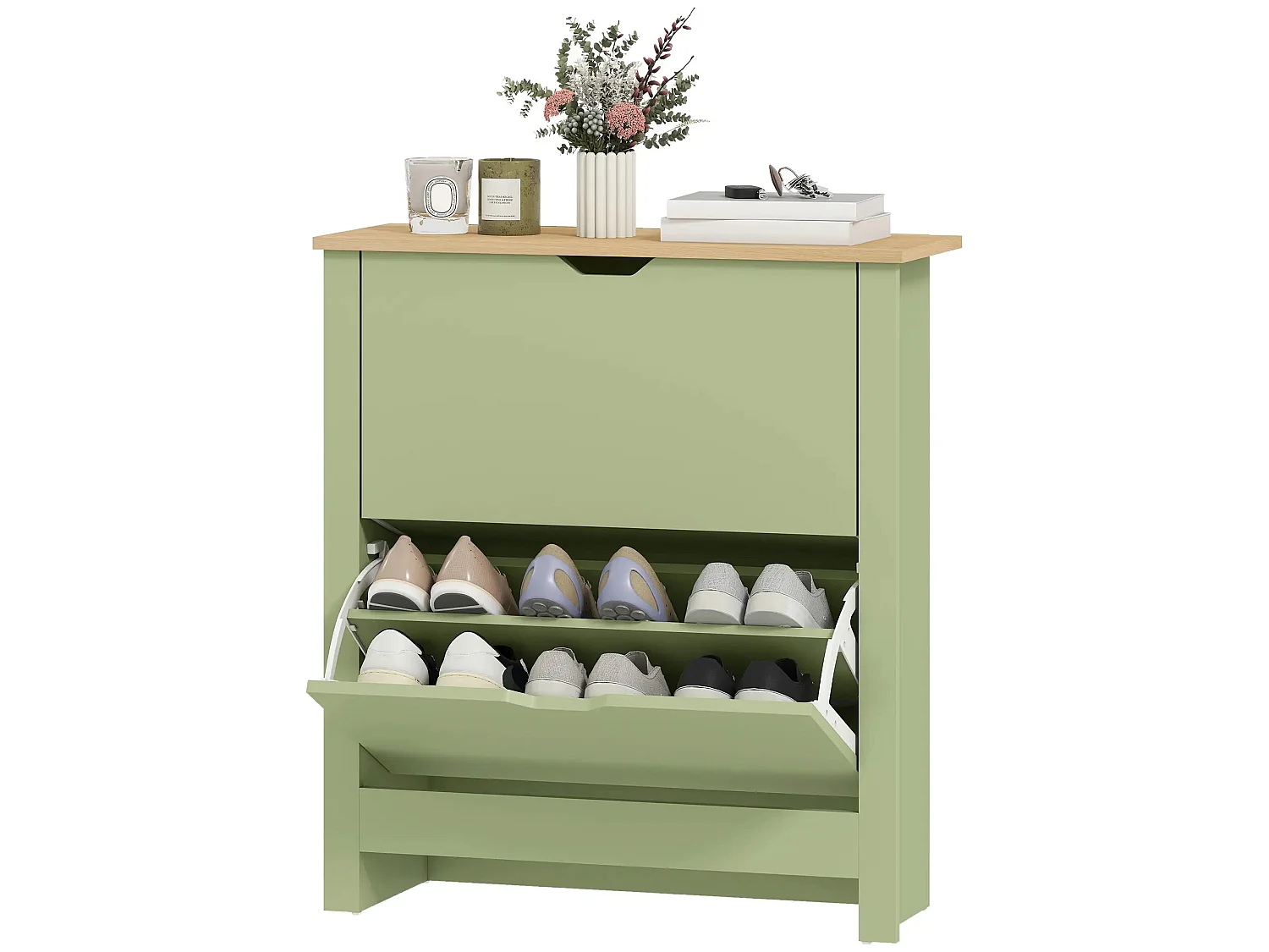 Green Slim Shoe Cabinet with 2 Flip Drawers for Up to 12 Pairs