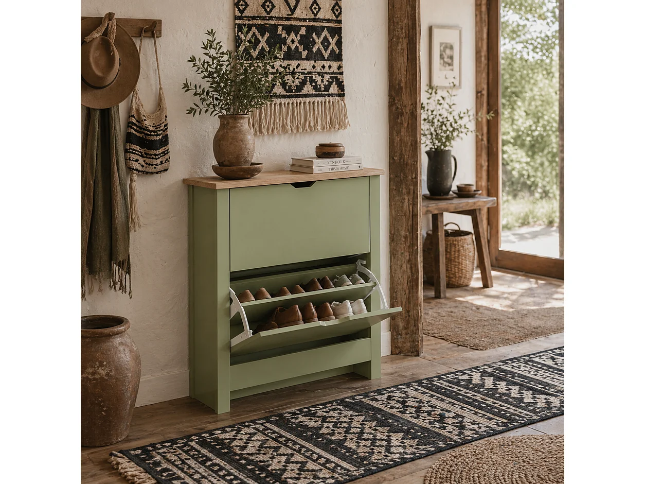 Green Slim Shoe Cabinet with 2 Flip Drawers for Up to 12 Pairs