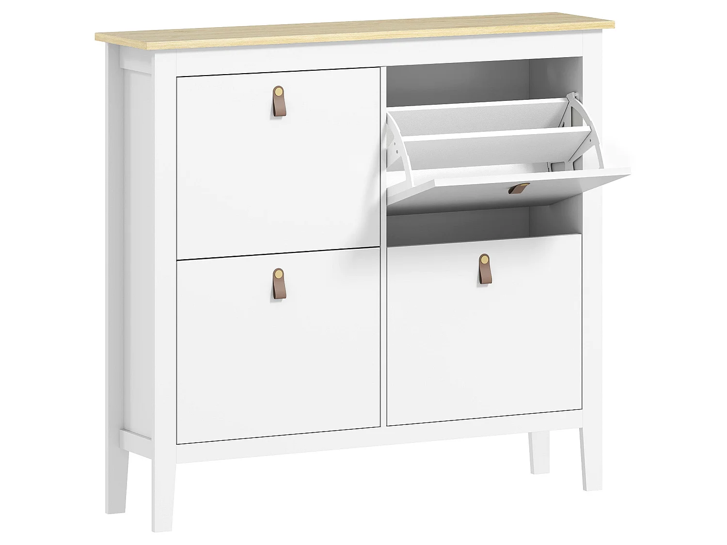 Milese 4 Drawer Shoe Cabinet White and Oak Effect Slim Modern Storage with Faux Leather Handles