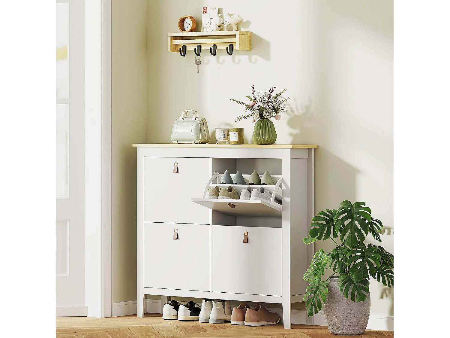 Milese 4 Drawer Shoe Cabinet White and Oak Effect Slim Modern Storage with Faux Leather Handles
