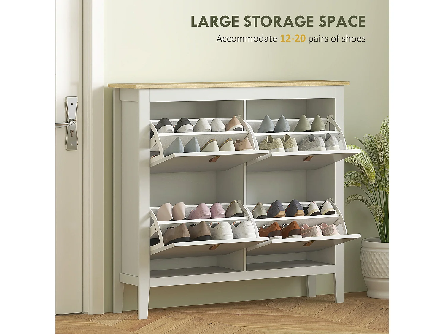 Milese 4 Drawer Shoe Cabinet White and Oak Effect Slim Modern Storage with Faux Leather Handles