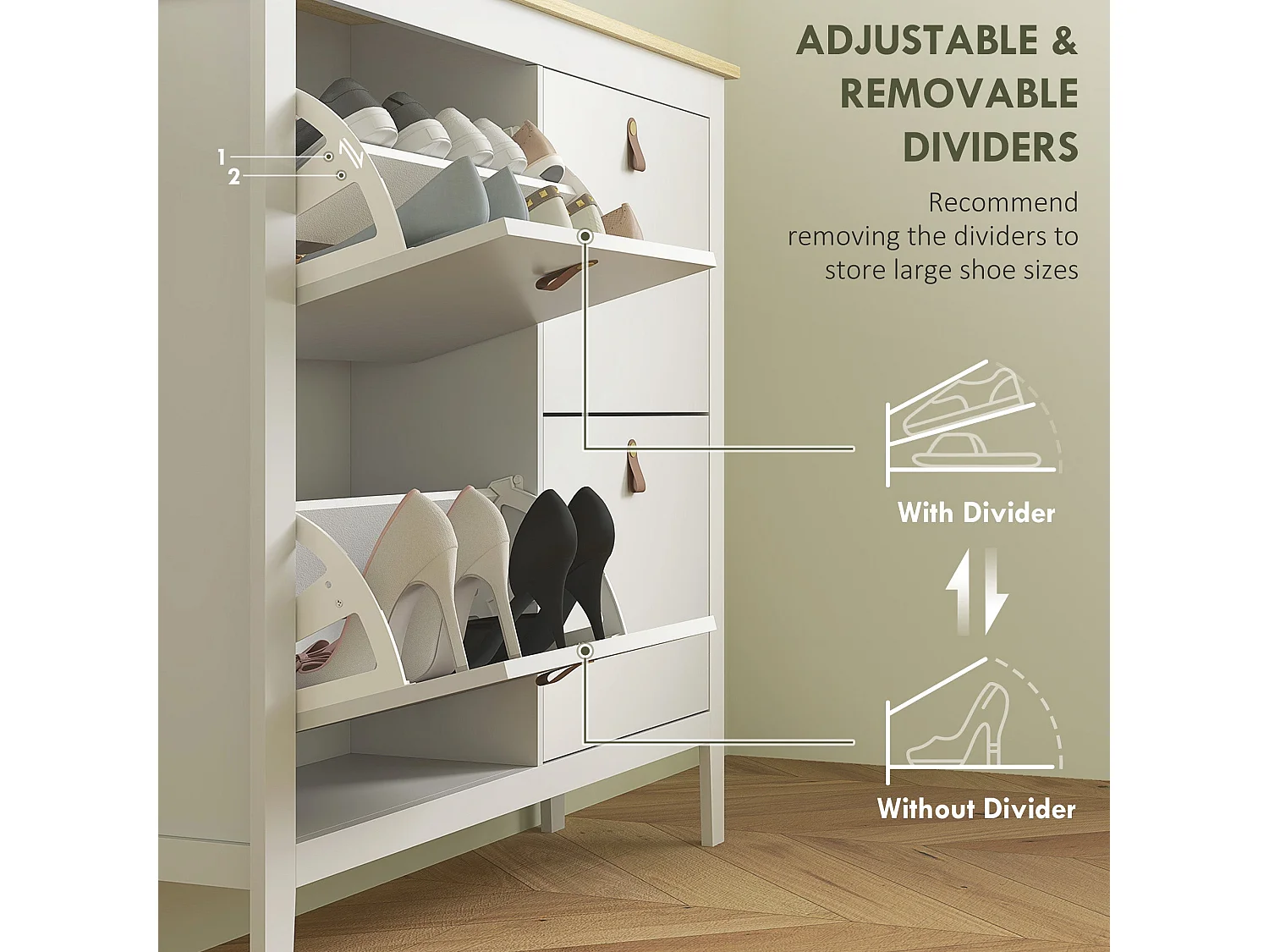 Milese 4 Drawer Shoe Cabinet White and Oak Effect Slim Modern Storage with Faux Leather Handles