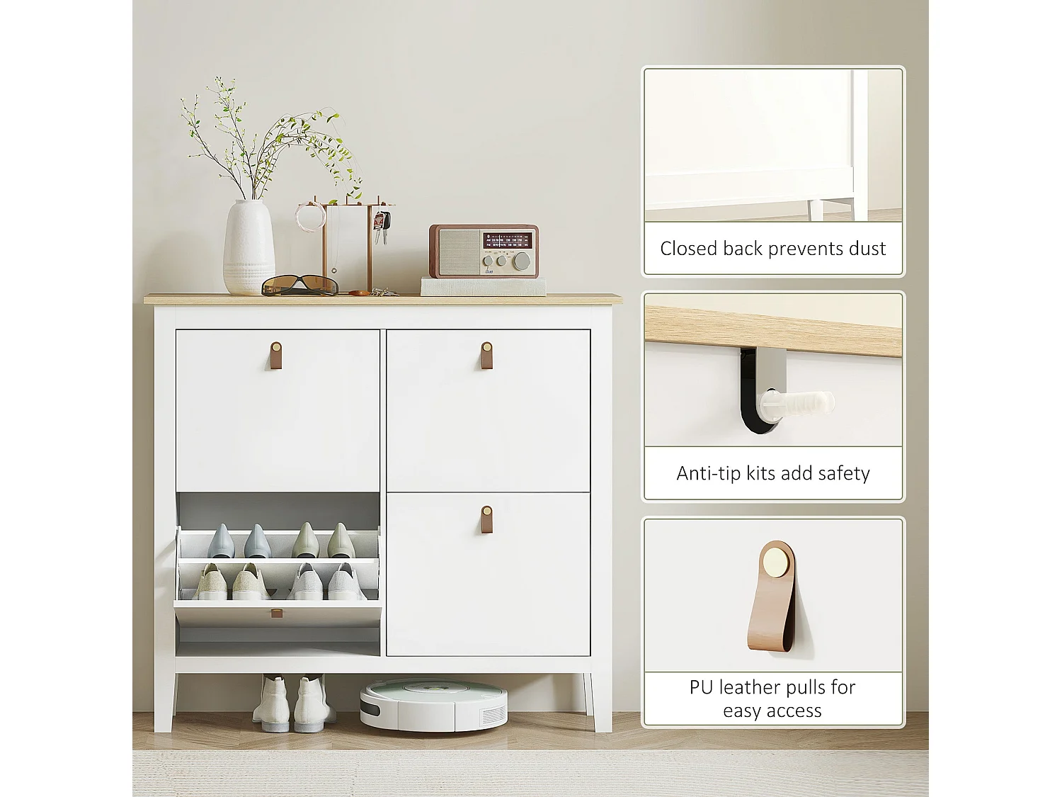 Milese 4 Drawer Shoe Cabinet White and Oak Effect Slim Modern Storage with Faux Leather Handles
