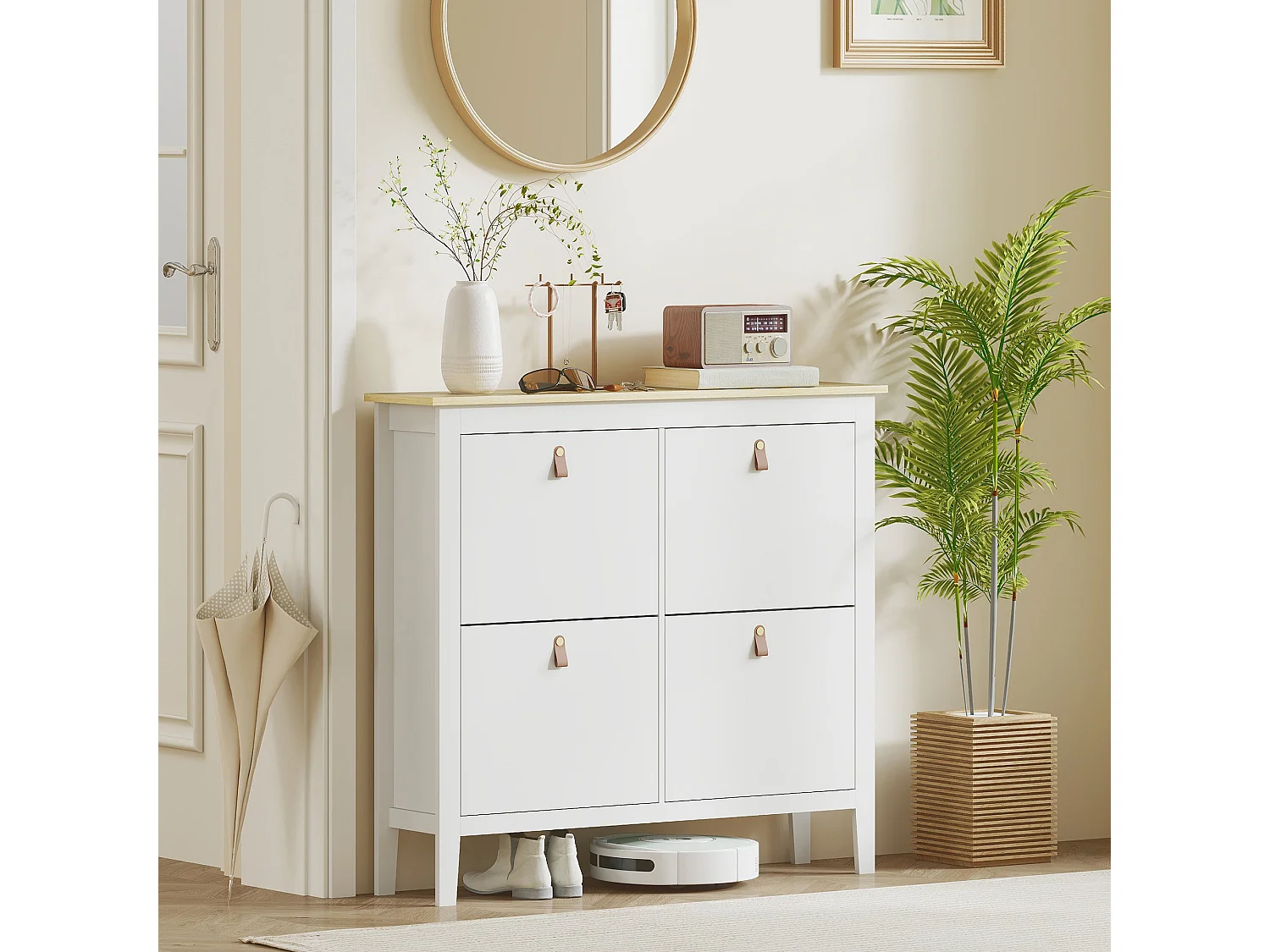 Milese 4 Drawer Shoe Cabinet White and Oak Effect Slim Modern Storage with Faux Leather Handles