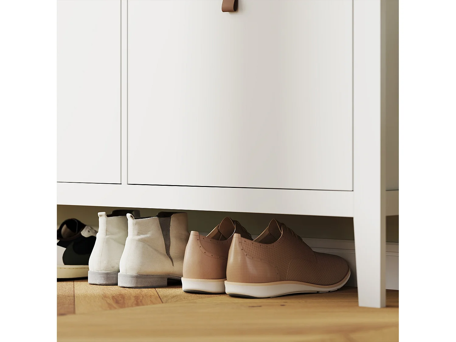 Milese 4 Drawer Shoe Cabinet White and Oak Effect Slim Modern Storage with Faux Leather Handles