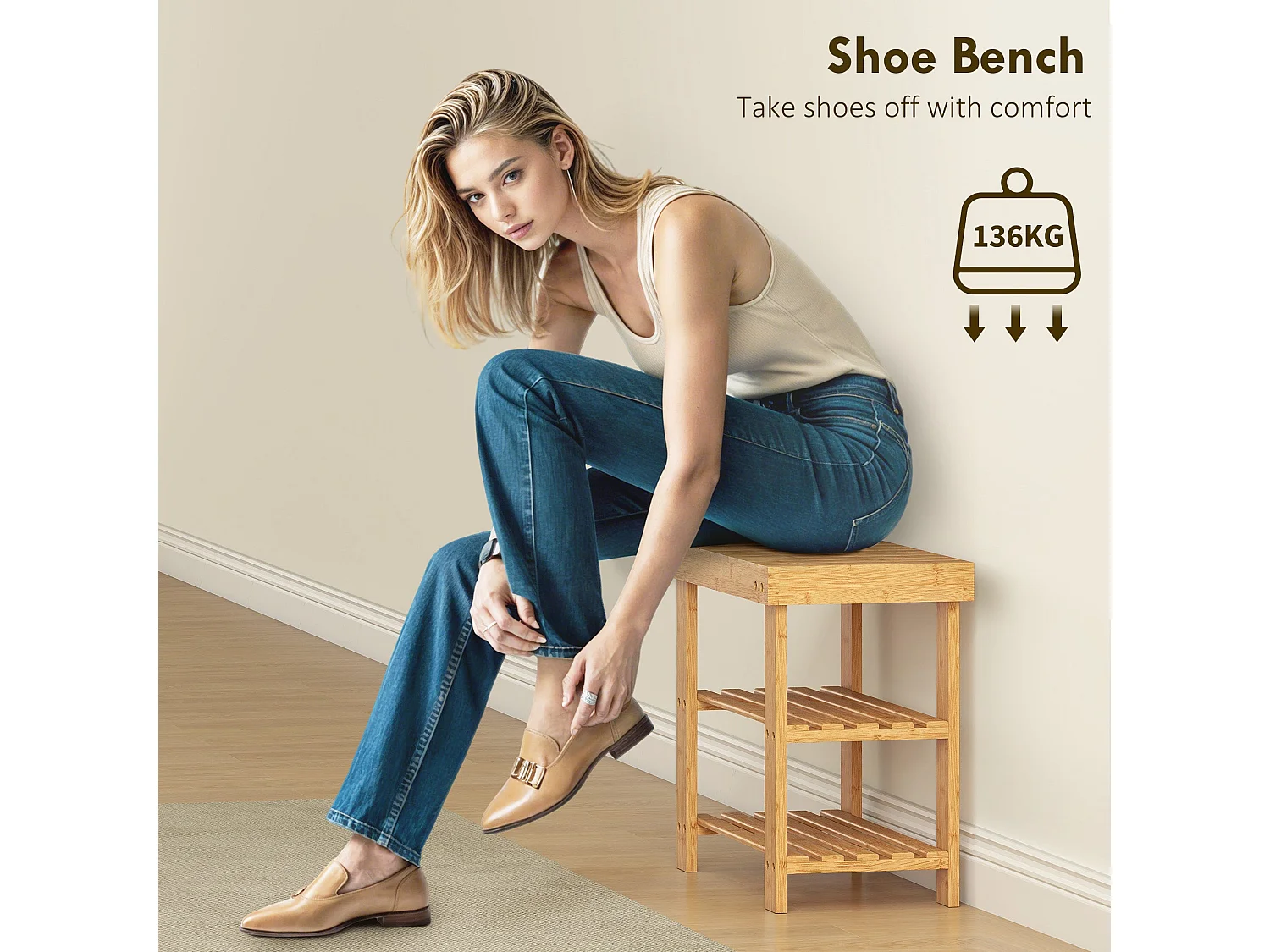 Tono Keel Bamboo 2 Tier Shoe Storage Bench Natural Finish