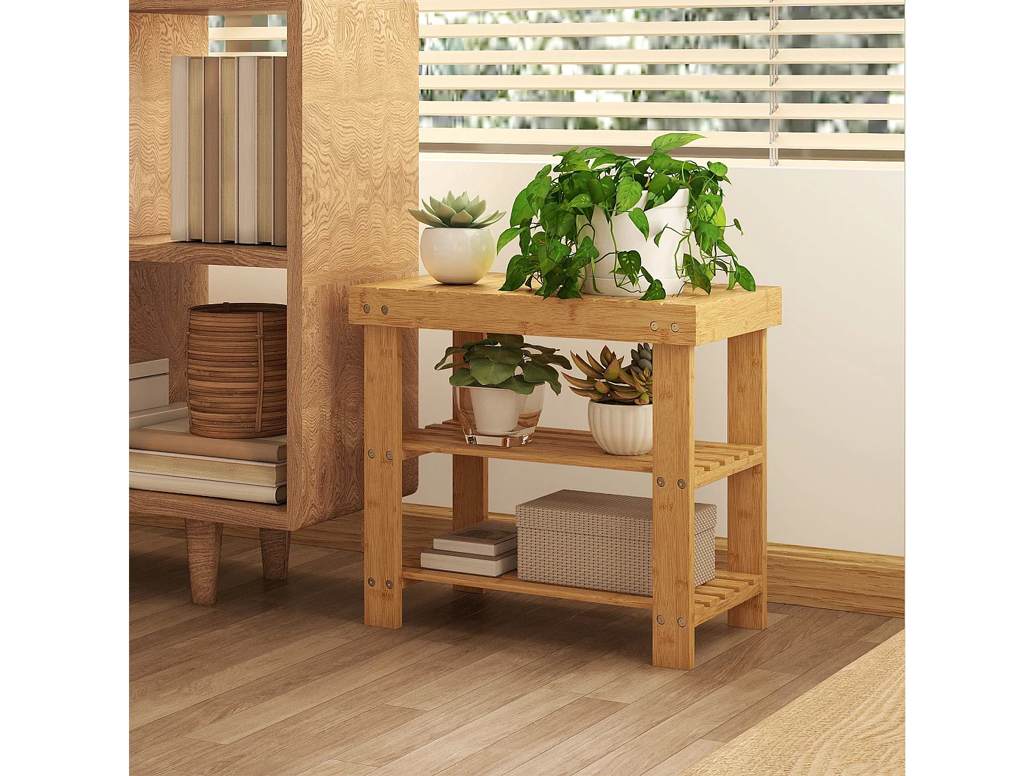 Tono Keel Bamboo 2 Tier Shoe Storage Bench Natural Finish