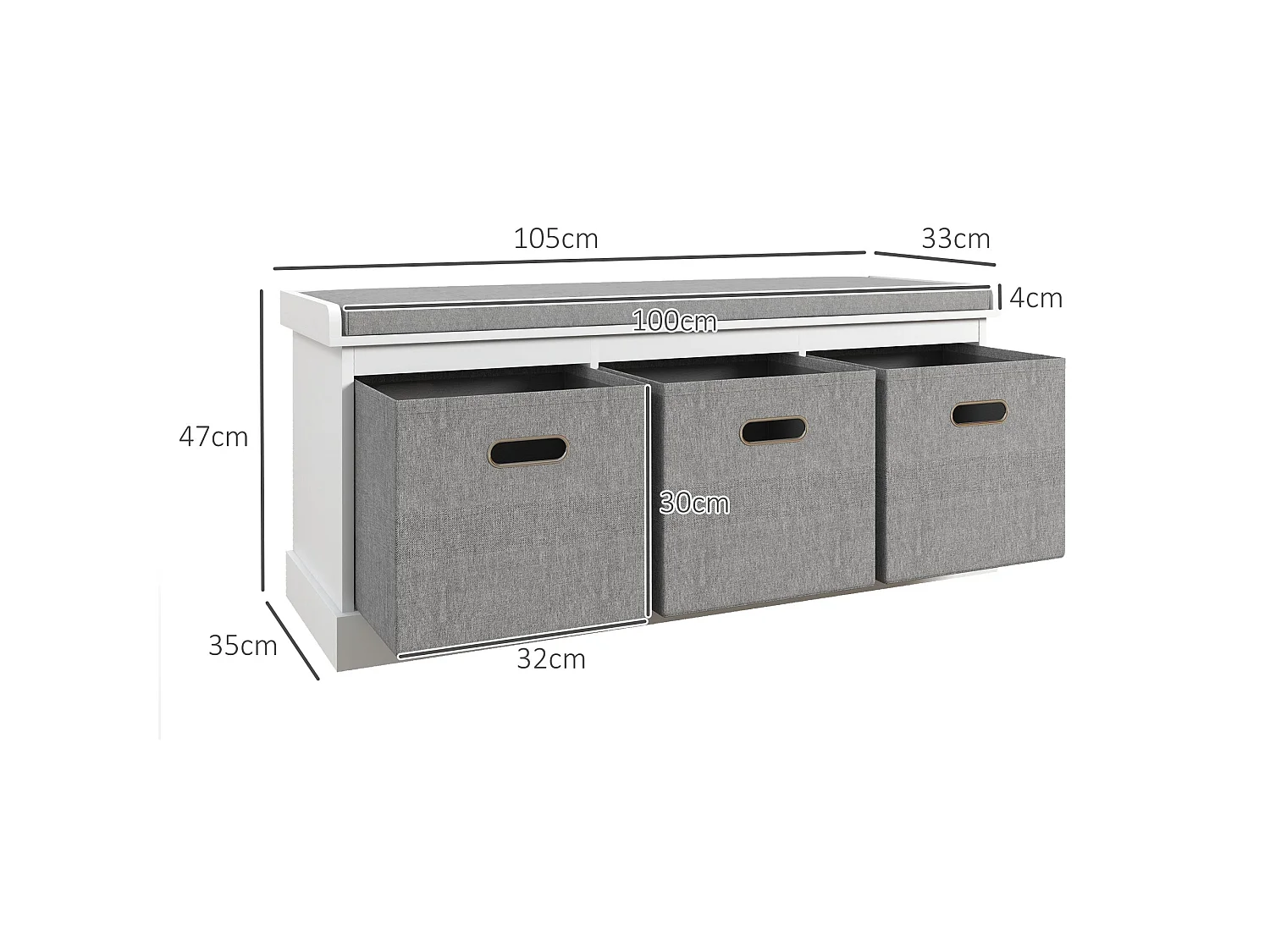 Elfila White 3 Drawer Shoe Storage Bench with Grey Padded Seat