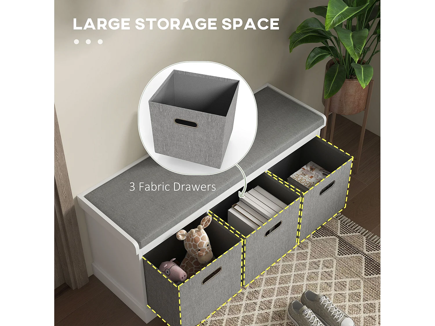 Elfila White 3 Drawer Shoe Storage Bench with Grey Padded Seat