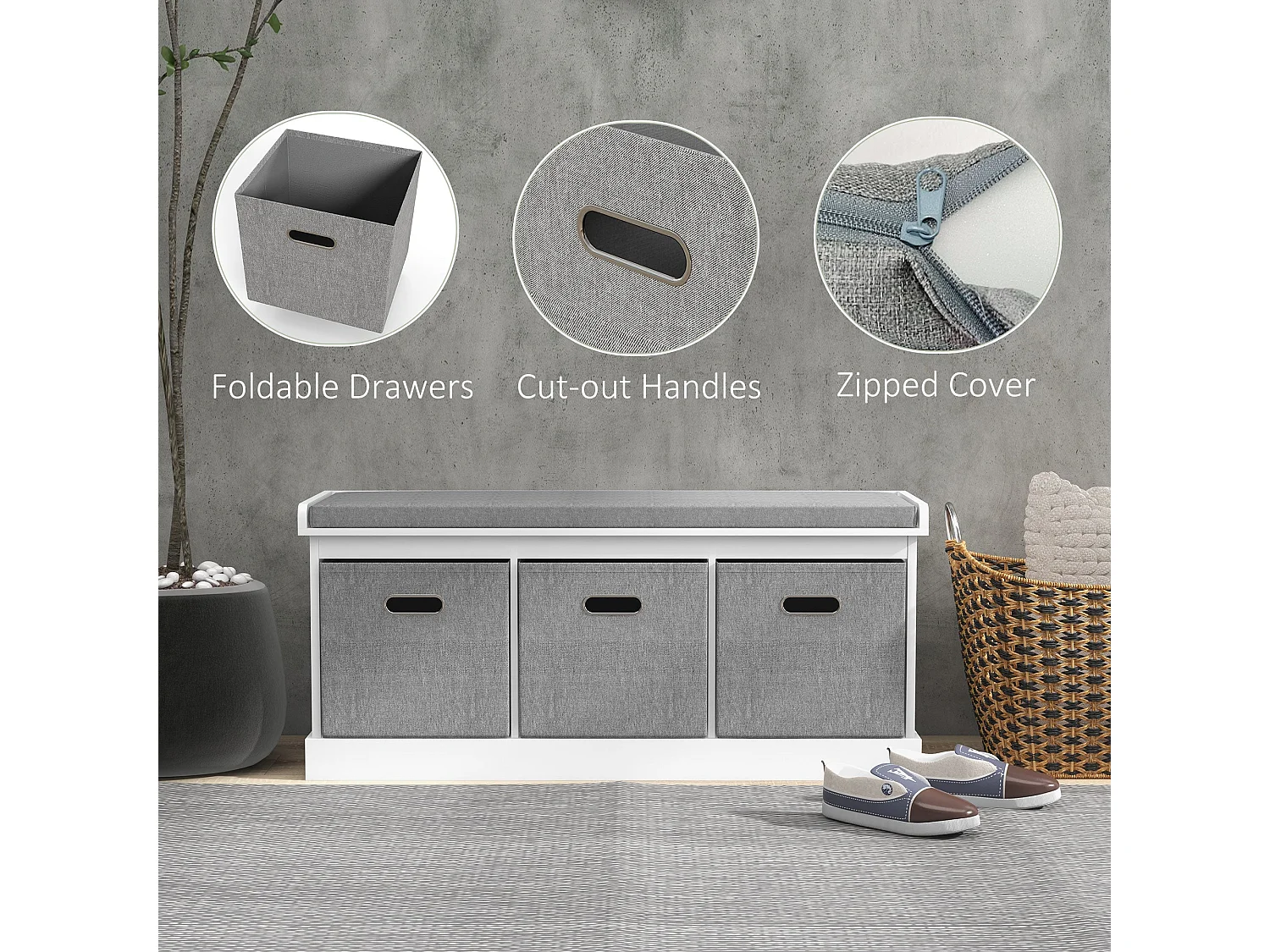 Elfila White 3 Drawer Shoe Storage Bench with Grey Padded Seat