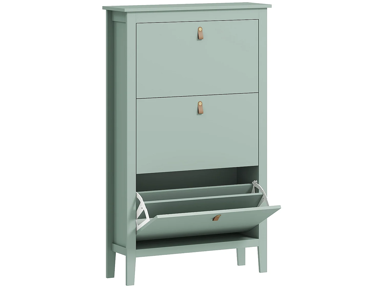 Mint Green 3 Drawer Shoe Cabinet Modern Tilt Out Storage Faux Leather Handles
