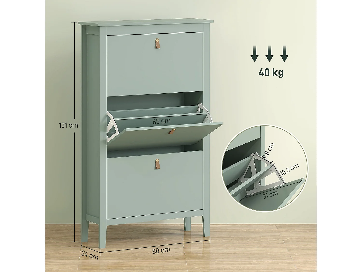 Mint Green 3 Drawer Shoe Cabinet Modern Tilt Out Storage Faux Leather Handles