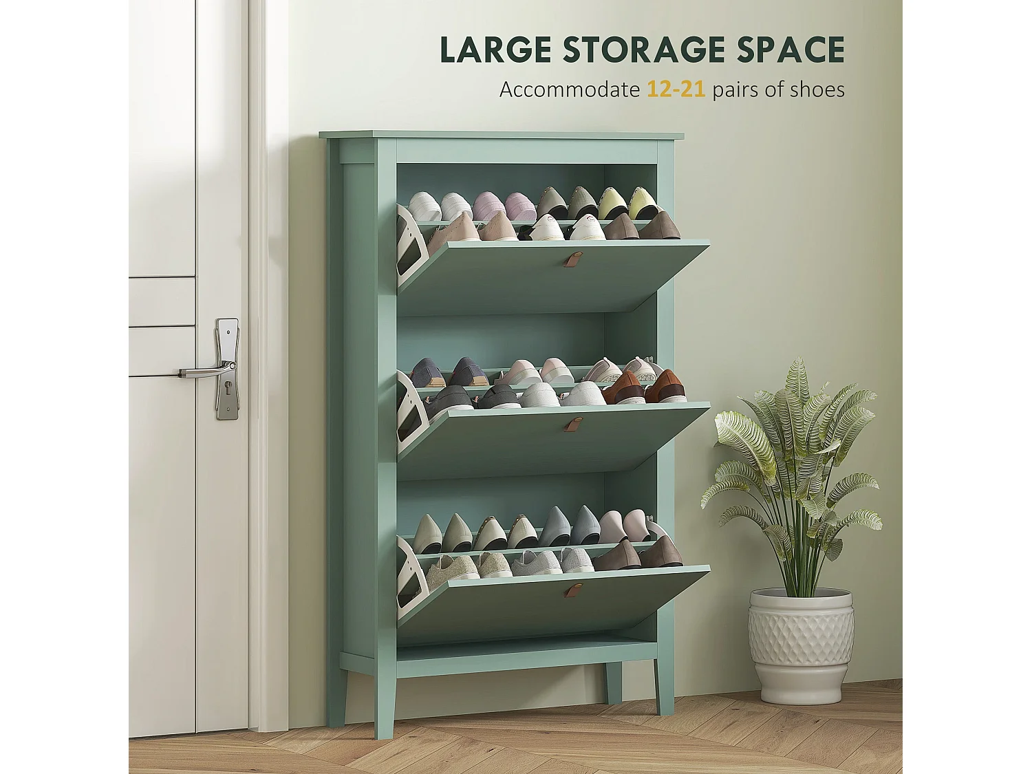 Mint Green 3 Drawer Shoe Cabinet Modern Tilt Out Storage Faux Leather Handles