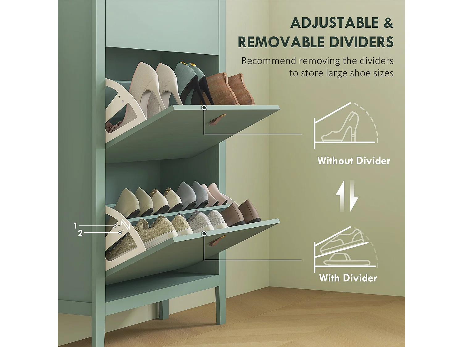 Mint Green 3 Drawer Shoe Cabinet Modern Tilt Out Storage Faux Leather Handles