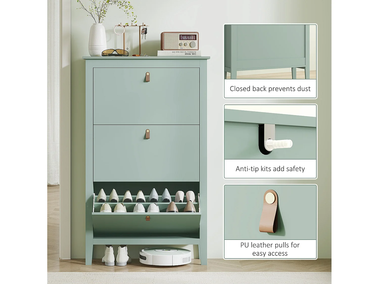 Mint Green 3 Drawer Shoe Cabinet Modern Tilt Out Storage Faux Leather Handles
