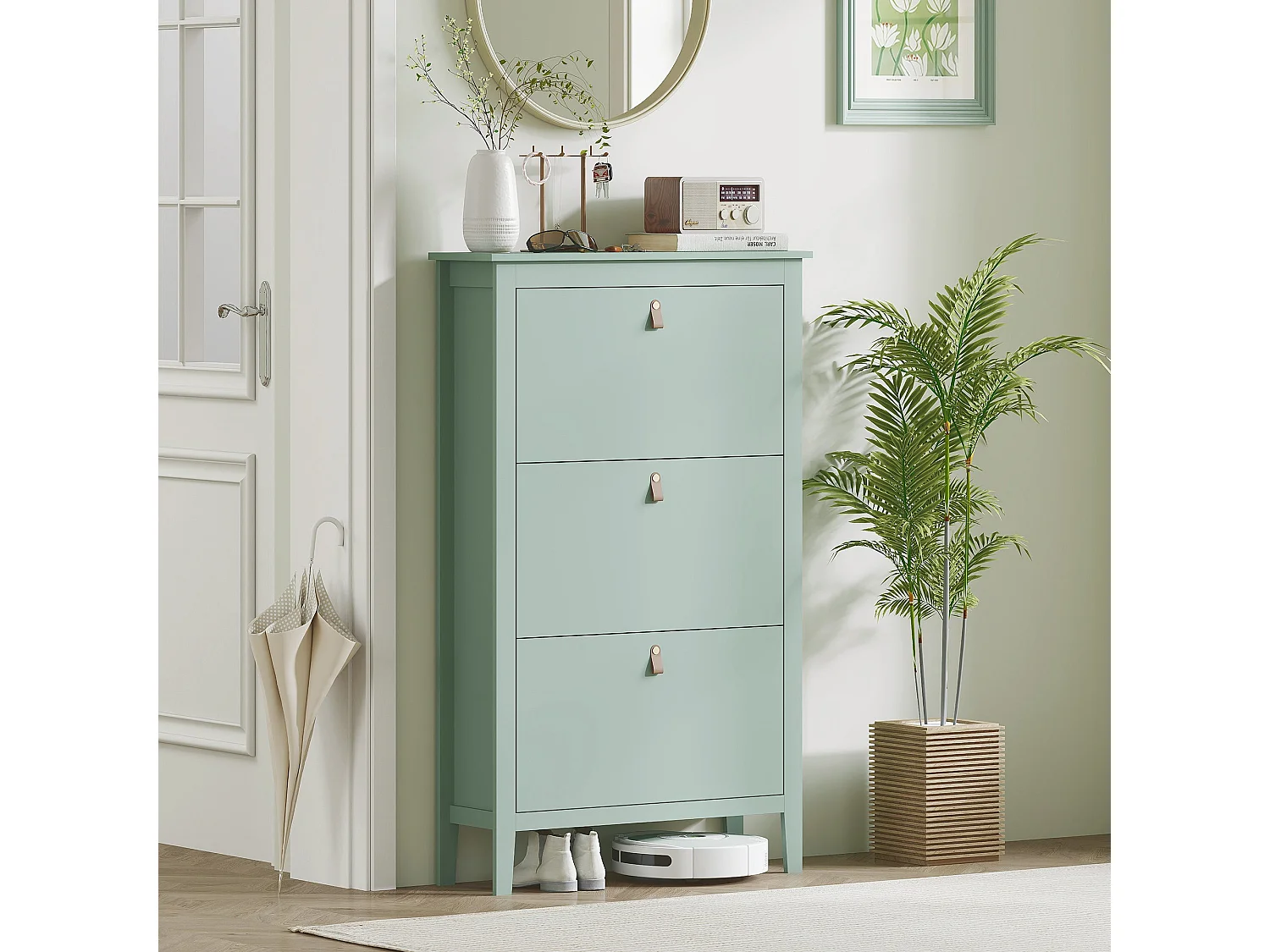 Mint Green 3 Drawer Shoe Cabinet Modern Tilt Out Storage Faux Leather Handles