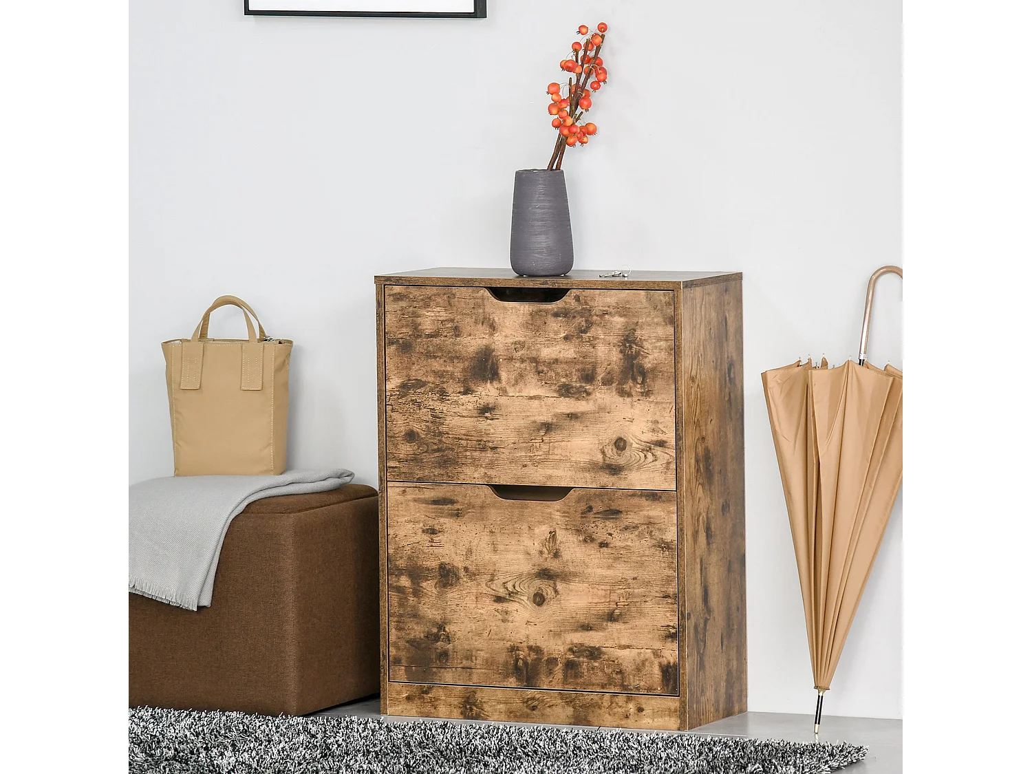 Lifale Rustic Brown Industrial Shoe Cabinet with 2 Flip Drawers Holds 12 Pairs