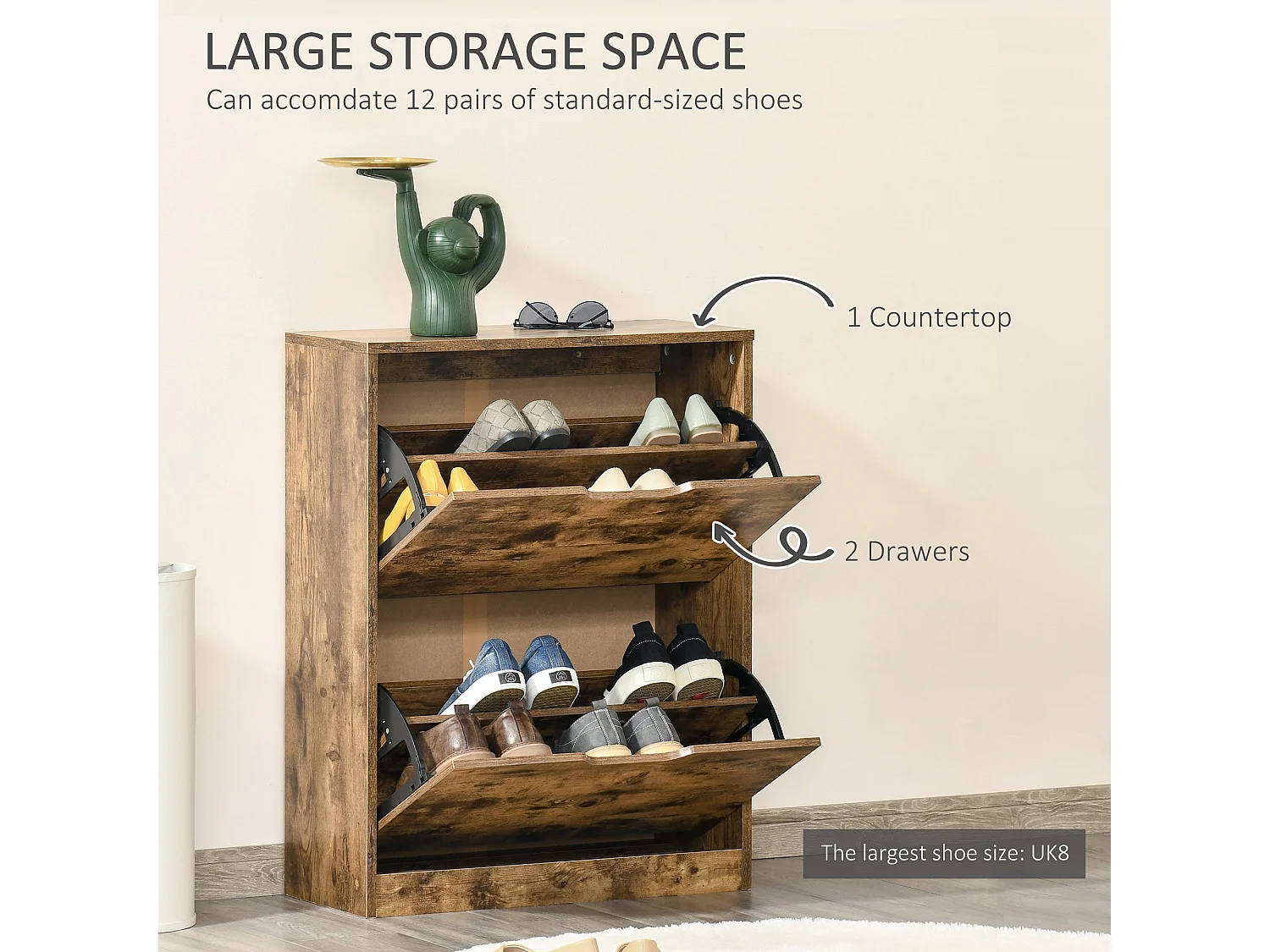 Lifale Rustic Brown Industrial Shoe Cabinet with 2 Flip Drawers Holds 12 Pairs