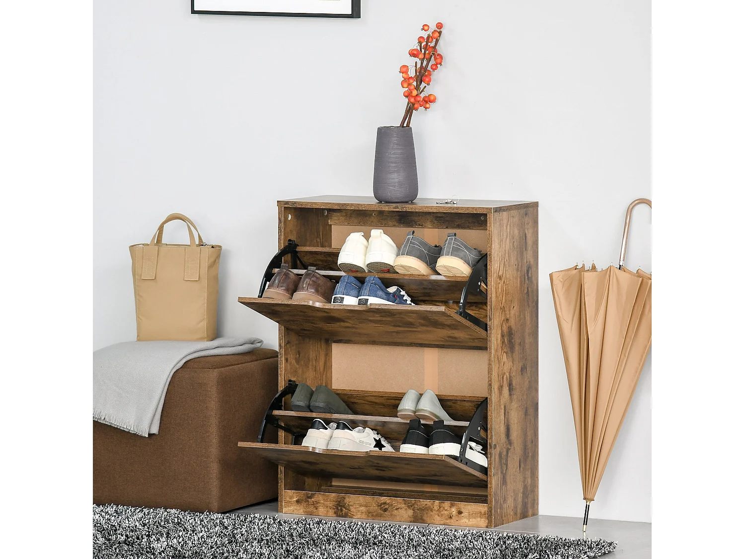 Lifale Rustic Brown Industrial Shoe Cabinet with 2 Flip Drawers Holds 12 Pairs