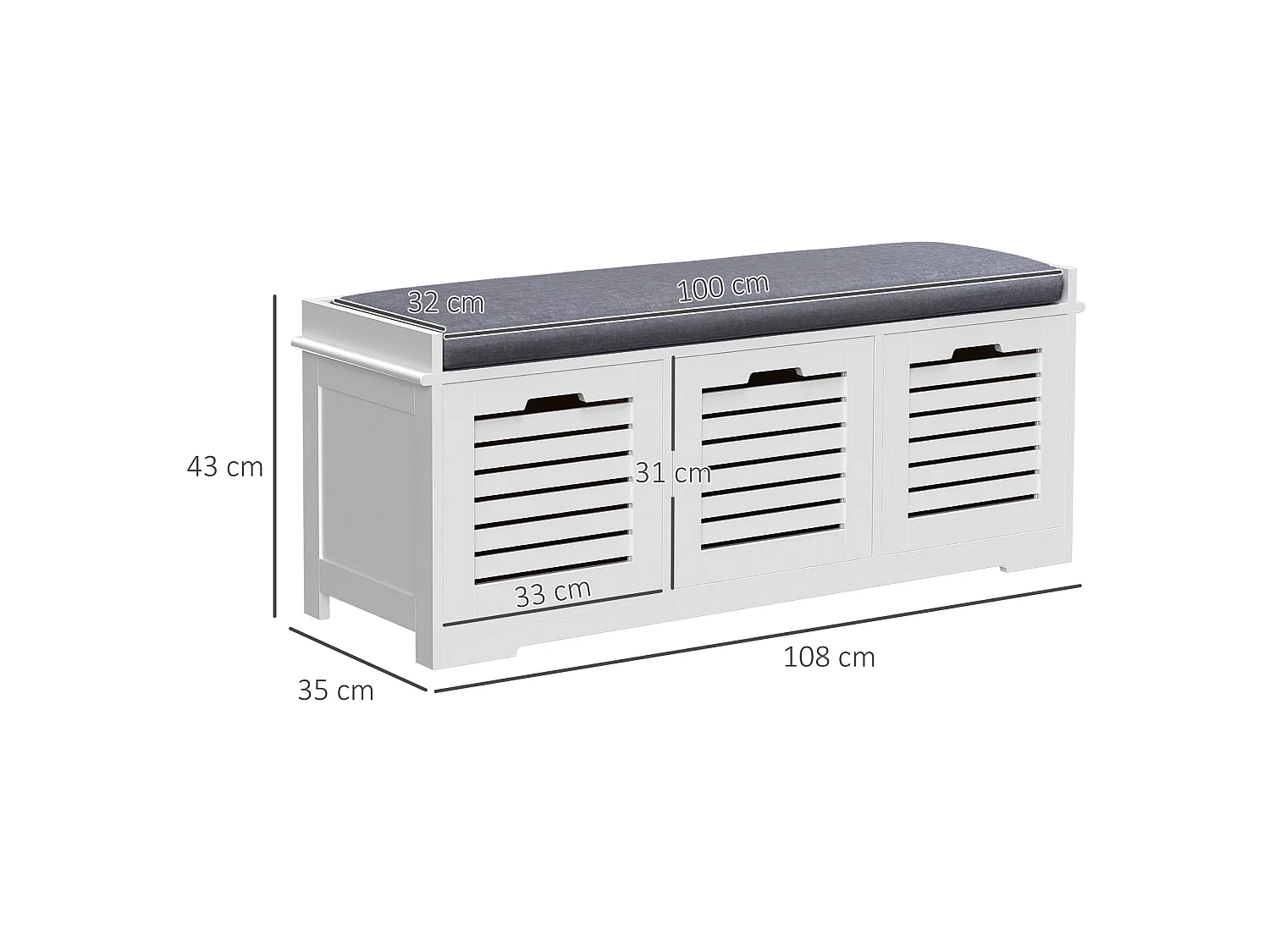 Vesava White 3 Drawer Slatted Shoe Bench with Grey Padded Seat