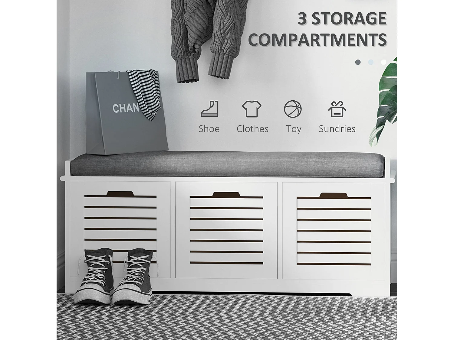 Vesava White 3 Drawer Slatted Shoe Bench with Grey Padded Seat