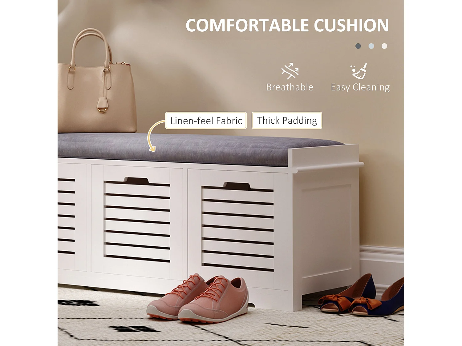 Vesava White 3 Drawer Slatted Shoe Bench with Grey Padded Seat