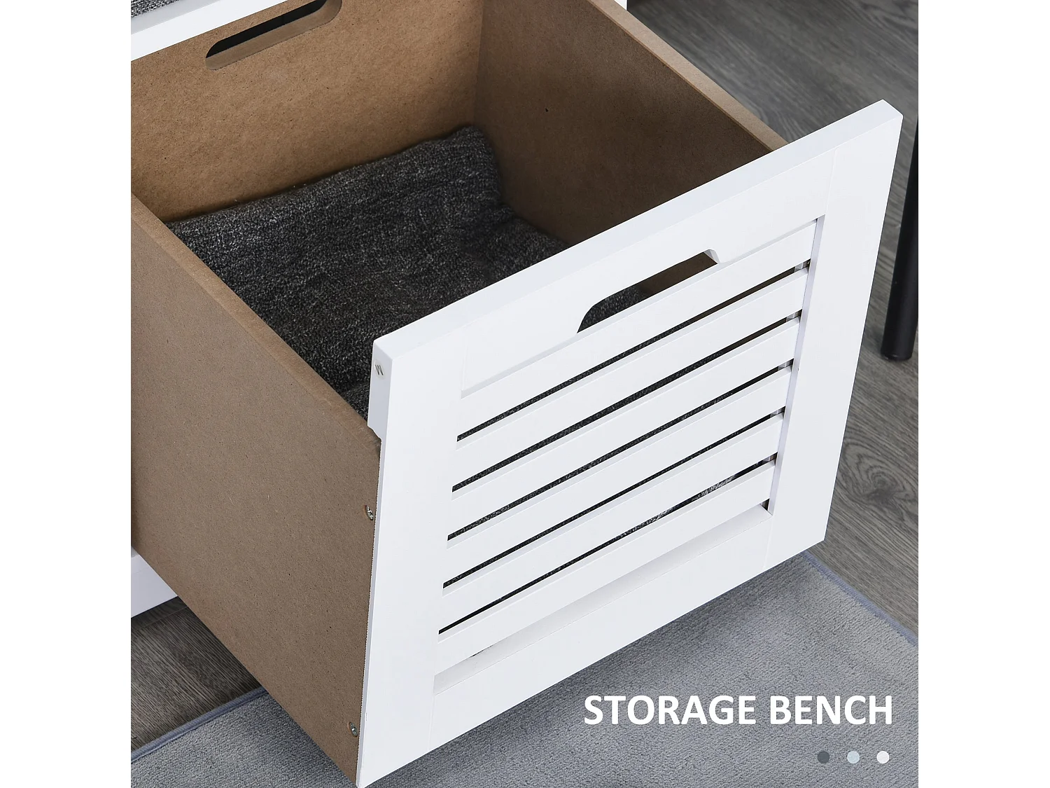 Vesava White 3 Drawer Slatted Shoe Bench with Grey Padded Seat