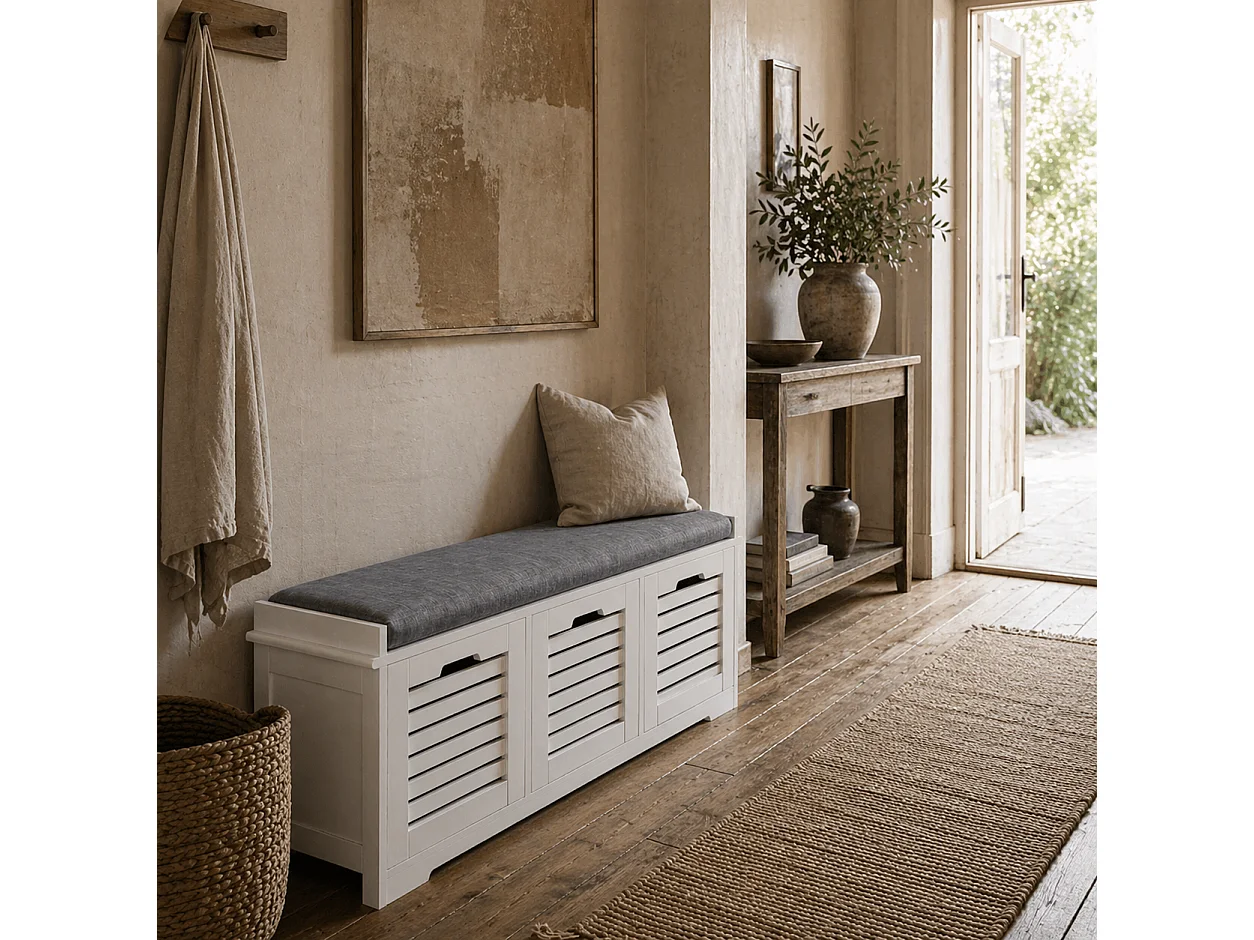 Vesava White 3 Drawer Slatted Shoe Bench with Grey Padded Seat