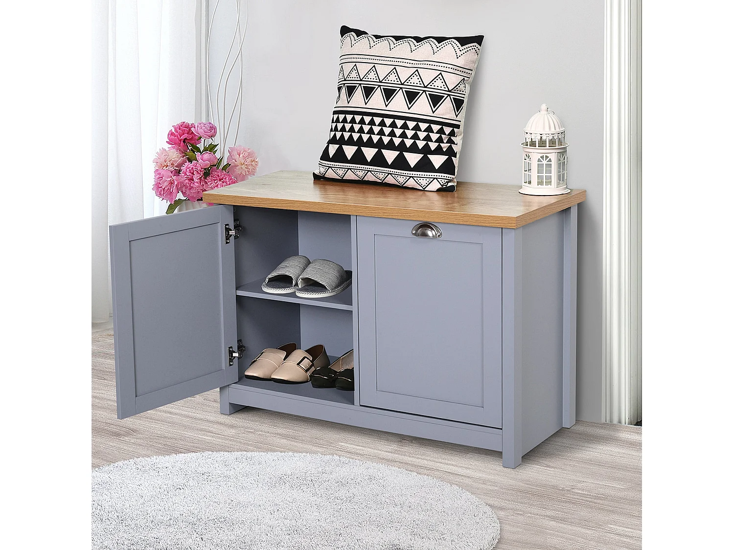 Zifa Shoe Cabinet Grey and Natural Wood 2 Door Hallway Storage