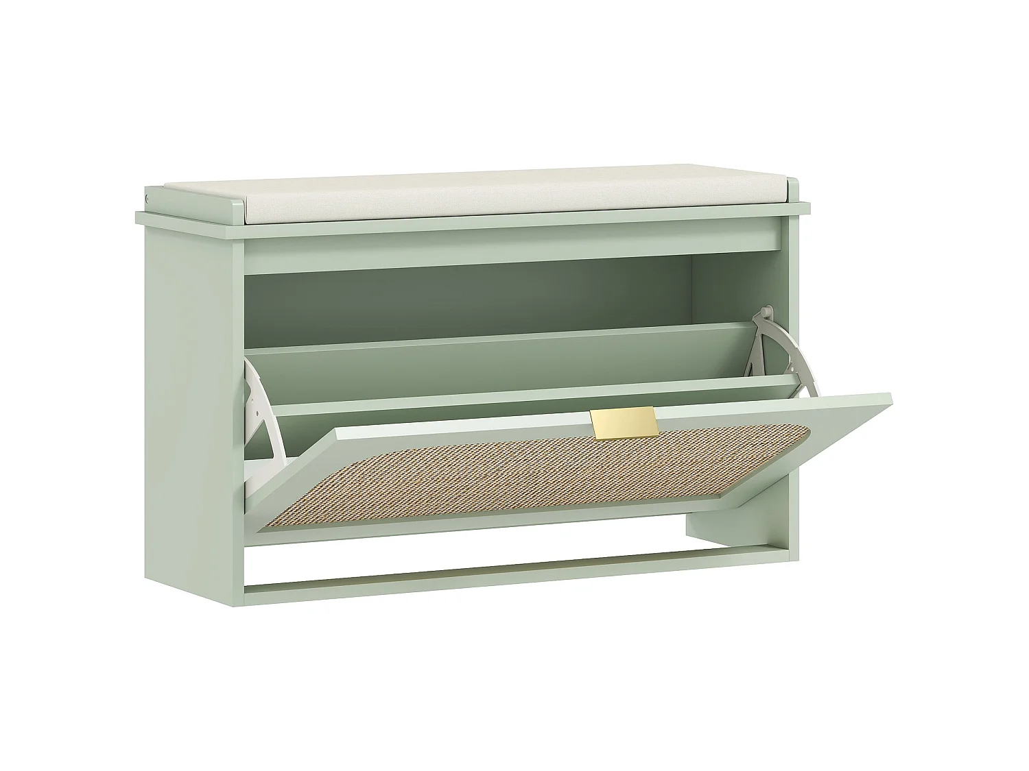 Rikena Coyo Light Green Boho Shoe Bench with Cushioned Seat and Flip Drawer
