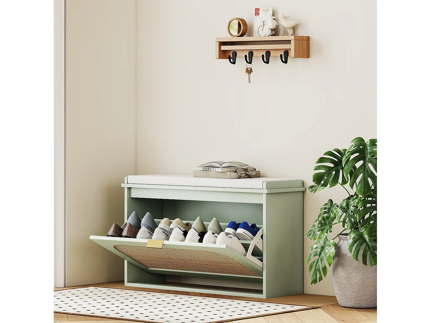 Rikena Coyo Light Green Boho Shoe Bench with Cushioned Seat and Flip Drawer
