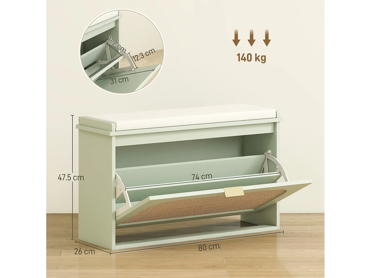 Rikena Coyo Light Green Boho Shoe Bench with Cushioned Seat and Flip Drawer
