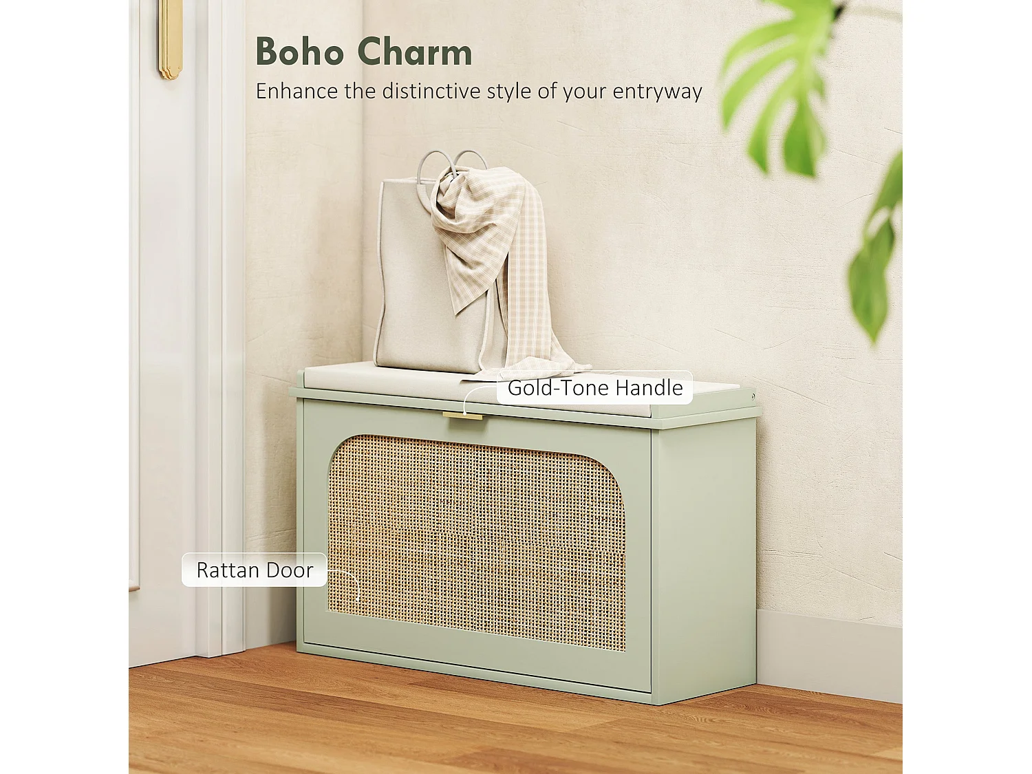 Rikena Coyo Light Green Boho Shoe Bench with Cushioned Seat and Flip Drawer