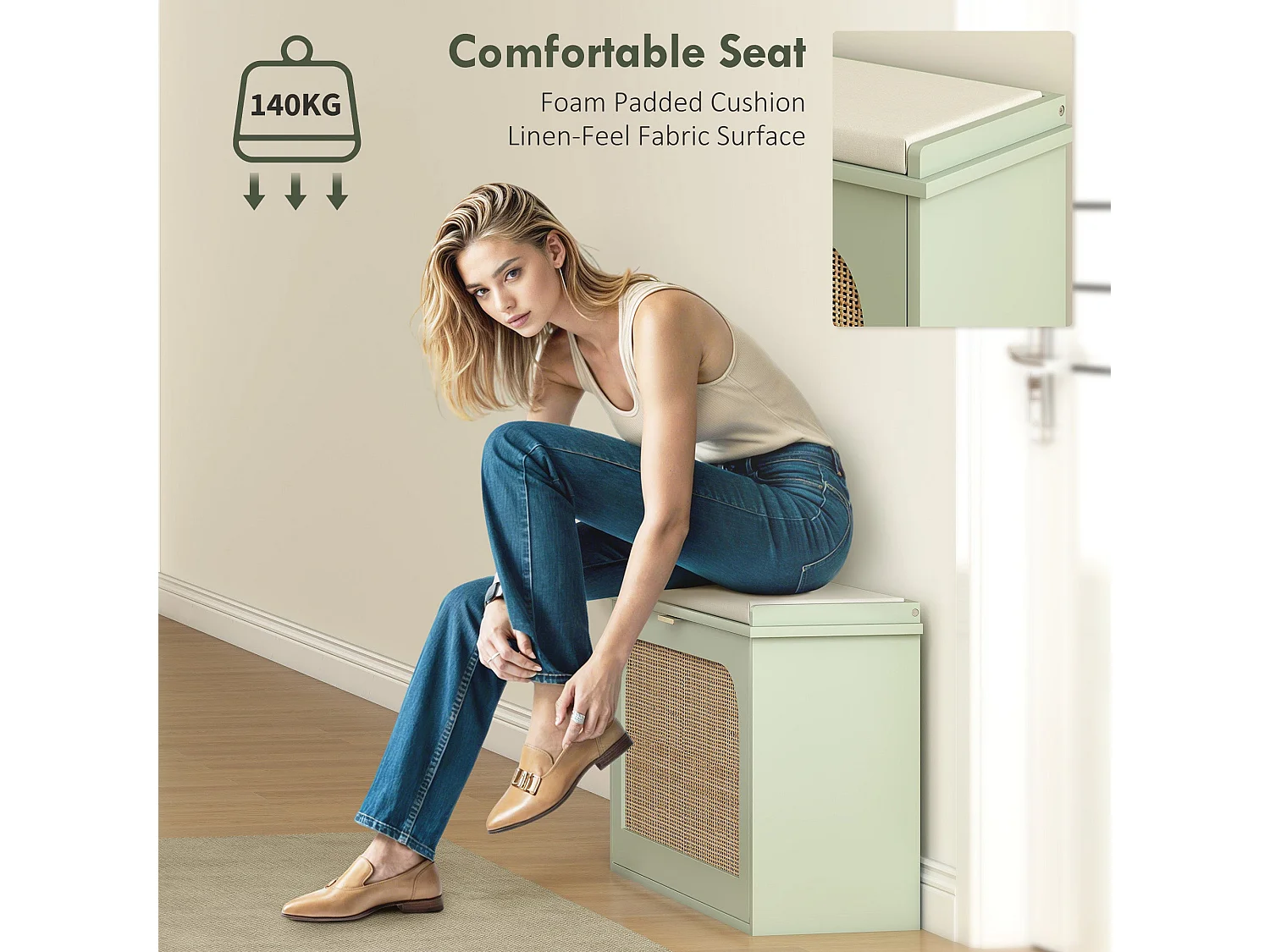 Rikena Coyo Light Green Boho Shoe Bench with Cushioned Seat and Flip Drawer