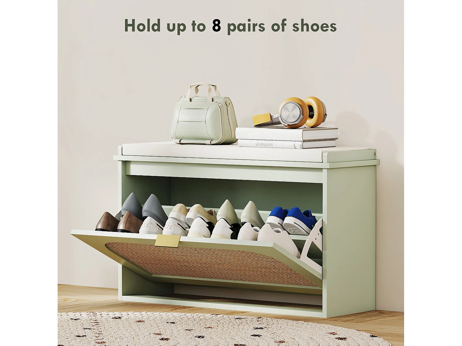 Rikena Coyo Light Green Boho Shoe Bench with Cushioned Seat and Flip Drawer