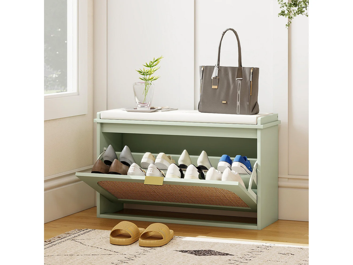 Rikena Coyo Light Green Boho Shoe Bench with Cushioned Seat and Flip Drawer