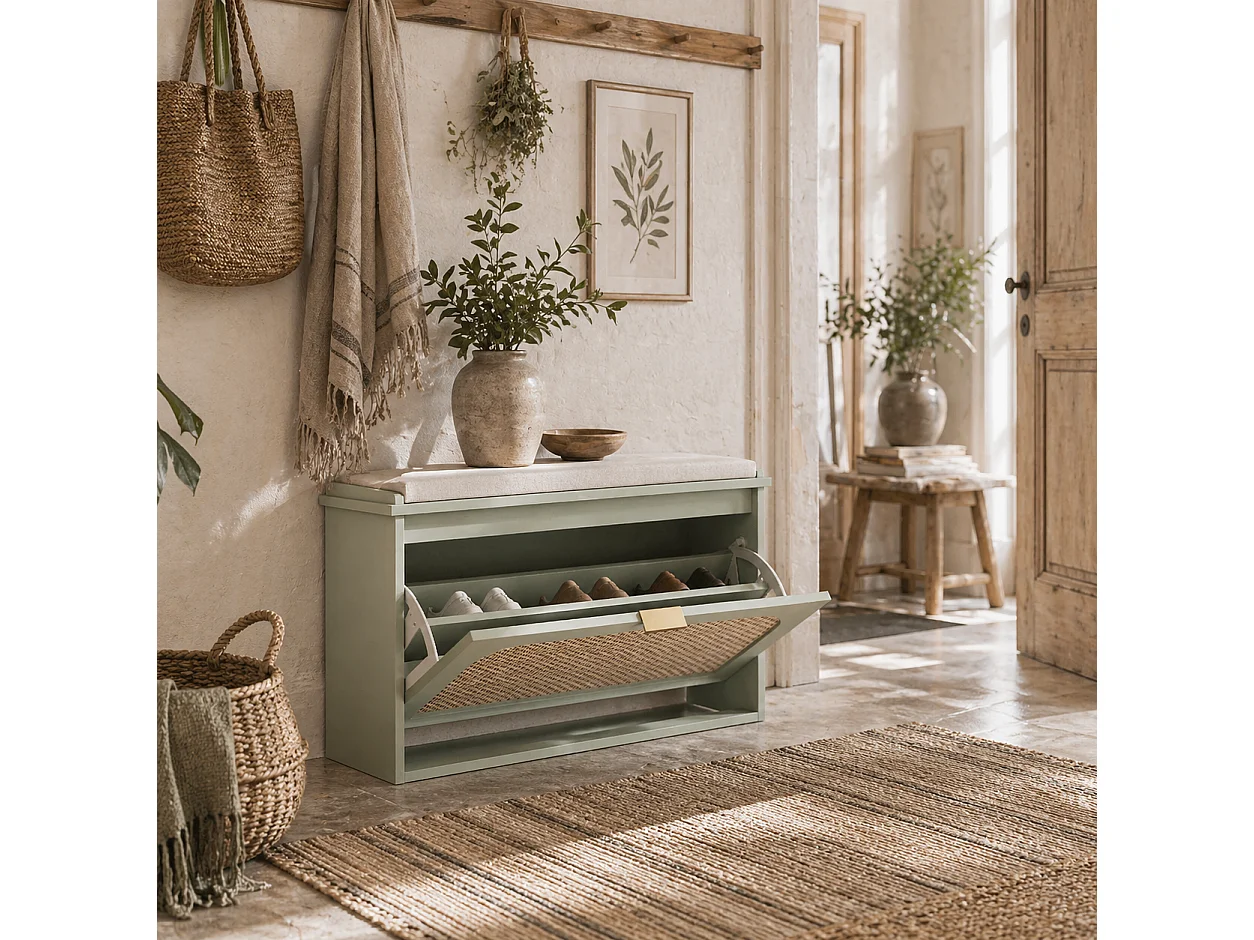 Rikena Coyo Light Green Boho Shoe Bench with Cushioned Seat and Flip Drawer