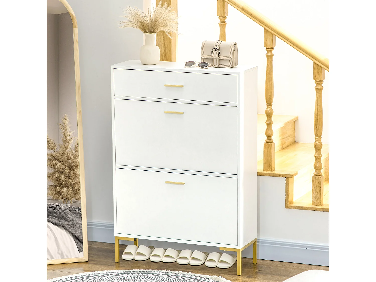 Suto Slim White Shoe Cabinet with 3 Drawers for 12 Pairs
