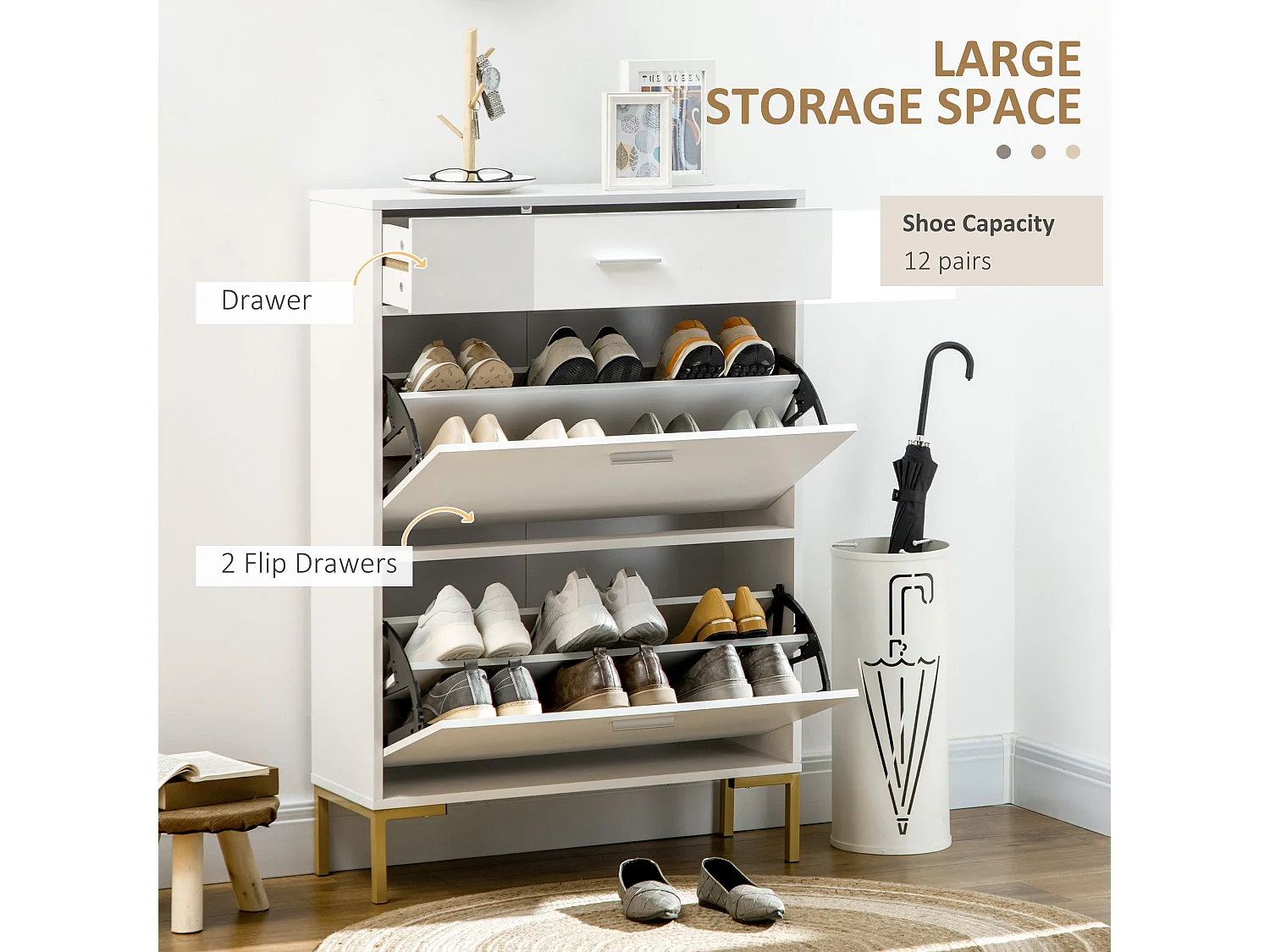 Suto Slim White Shoe Cabinet with 3 Drawers for 12 Pairs